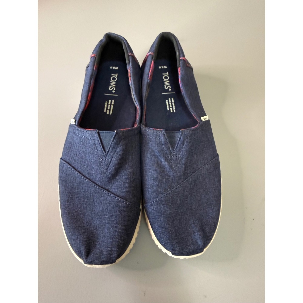TOMS Alpargata Navy Blue Canvas Slip On Shoes Womens 8.5 Plaid Lining Flat